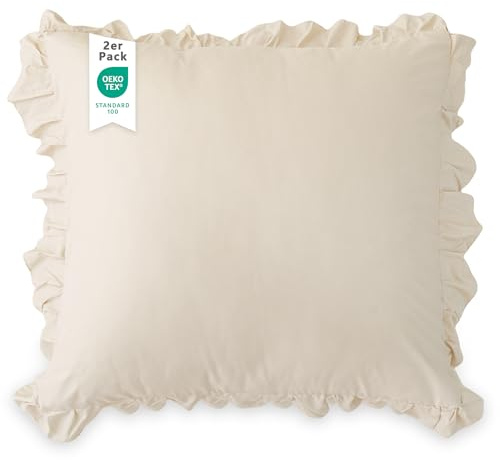 TOCOMOA Kissenbezug 80x80 2er Set - Rüschen Kissenbezüge Öko-Tex Zertifiziert, Kissenhülle Weich und Hypoallergen, Kopfkissenbezug 80x80cm mit Hotelverschluss Beige