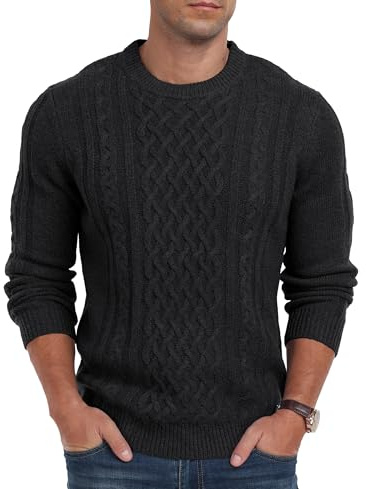 Hisir Jerséis de punto de cable para hombre con cuello redondo de invierno, gruesos y cálidos de manga larga para hombre Reino Unido, M