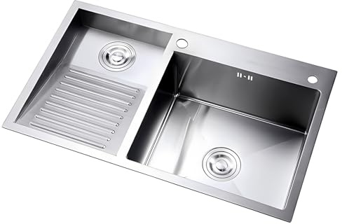 Schwarzes SUS-Waschbecken Mit Partikeloberfläche, Silbernes Waschbecken, Mit Integriertem Waschbrett, Doppelwaschbecken Für Den Haushalt, Mit Abflussset, Für Balkon, Keller(Silver-A,100x48x22cm)
