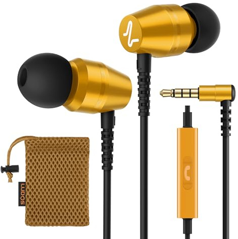 LUDOS OMNITONE Écouteurs, Garantie 5 Ans, Écouteur Intra-Auriculaires Filaires, Casque avec Microphone, Compatible avec Tablettes et Ordinateurs Portables Samsung, iPhone, MP3 Players - 3.5 mm Or