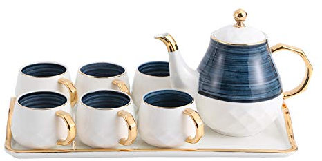 KWMAEEUID Juego de té de 8 Piezas para Adultos, Juego de Tazas de té y café de Porcelana, 6 Tazas, Tetera, Bandeja para Servir té y café de la Tarde