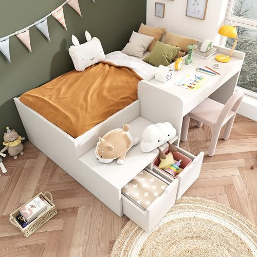 Merax Kinderbett 90x200cm Massiveholz Einzelbett, multifunktionales Bettgestell mit Schreibtisch und Schubladen, Stauraumbett mit Lattenrost, Kleinkindbetten Flachbett für Jungen & Mädchen, Weiß