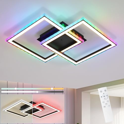 Homefire LED Deckenleuchte RGB Farbwechsel Deckenlampe Schwarz 40W Dimmbar | Modern Schlafzimmerlampe mit Fernbedienung, Eckig Deckenleuchten, Metall Küchenlampe für Jugendzimmer, Wohnzimmer, Gaming