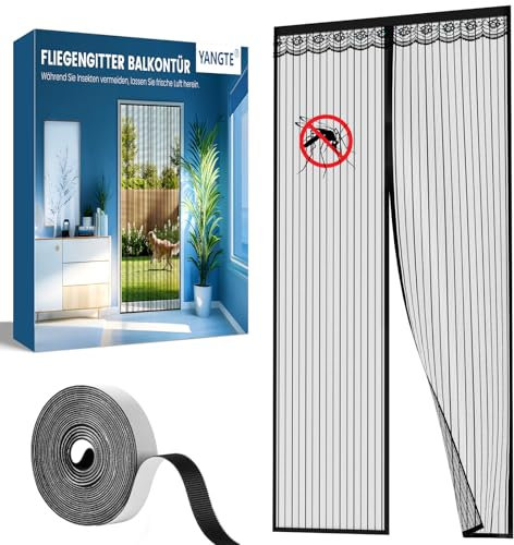 Magnet Fliegengitter Balkontür 100x220cm | Insektenschutz Tür ohne Bohren | 3.8cm Breites Klettband Fliegengittertüren, Insektenschutz Balkontür, Für Balkontür/Terrassentür, Schwarz