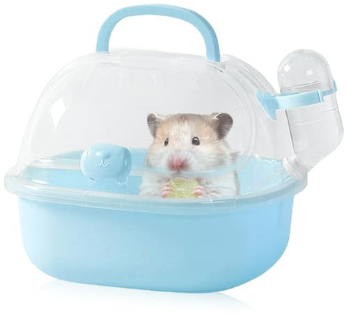 Transportbox Hamster mit Wasserflasche, 20x18x19cm Tragbare Transportbox Kleintiere Transportkäfig mit Lüftungsschlitze Reisebox Tragekäfig für Rennmäuse, Mäuse, Zwerghamster (blau)