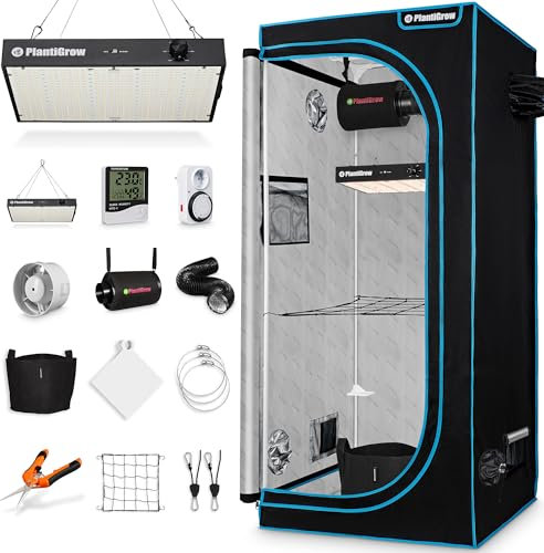 PlantiGrow Growbox Komplettset – Indoor Gewächshaus mit 150W Vollspektrum LED Lampe (Dimmbar), 1680D, Carbon-Filter, Inline-Kanalventilator, Abluftschlauch (60x60x180cm)
