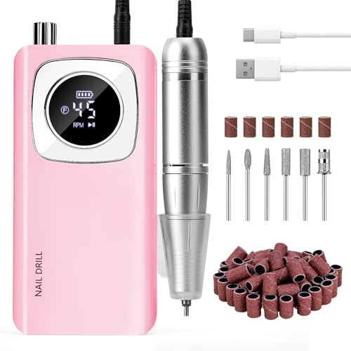 Nagelfräser für Gelnägel Professionell 45000 U/min: Madenia Fräser Nägel Kabellose mit LCD Display, Tragbare Elektrische Nagelfeile für Acrylnägel Maniküre Salon & Zuhause (Rosa)