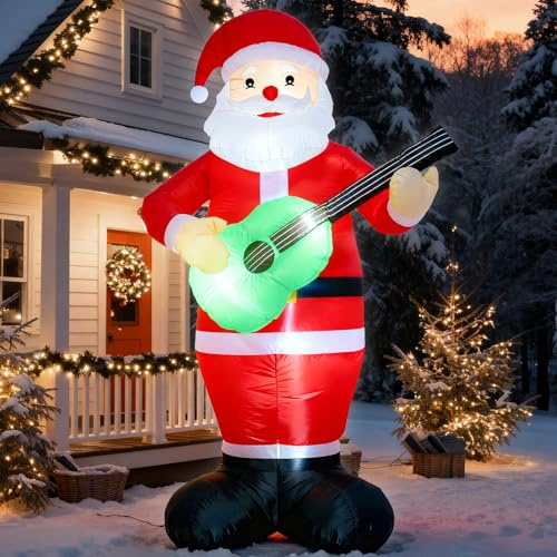 Ycolnaefllr 240 cm Weihnachtsdekoration aufblasbarer Weihnachtsmann, Schwiegervater spielt Gitarre Weihnachten riesige Weihnachtsdekoration im Freien, eingebaute LED-Leuchten geeignet für Hofgärten