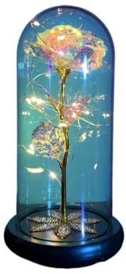 Ymnilian Rose Eternelle, Rose Eternelle sous Cloche Rose éternelle enchantée en Feuille d'or 24K, avec Guirlande Lumineuse féerique dôme, Cadeau de noël et la Saint-Valentin(038)