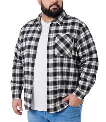 SONICDEGREE Black White Big and Tall Flannel Shirts for Men Long Sleeve Plaid Shirt Oversize Soft Button Brushed Cotton Shirts Jacket, 5XL