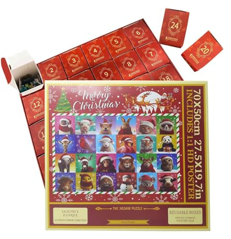 Jigsaw Puzzle Advent Calendars 2025, 1000 Pieces Puzzle 24 Days Christmas Countdown Calendar, Christ-mas Present for Kids and Adults (Animal)