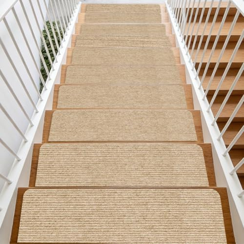 Meenewching 15 Pezzi Tappeti per Scale, 55 x 22cm Tappetini per Gradini Autoadesivi, Tappeto per acale Lavabile Antiscivolo, per Famiglie con Bambini, Anziani e Animali Domestici, Beige