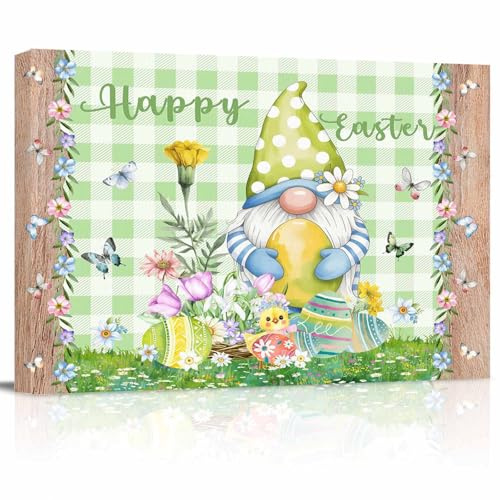 Shine-Home Easter Wall Art for Living Room/Bedroom, Gnomes Flowers Duck Eggs Green Lattice Wooden Canvas Bathroom Decor Wall Art Kitchen Office Framed Wood Oil Painting Picture, 24x32