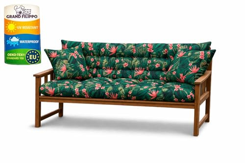 Filippo Cuscino dondolo 3 posti 160x50x60 cm - per Panca da Esterno, Divano, Mobili da giardino con due cuscini 45x45 cm - impermeabile, resistente alla muffa, realizzato a mano - Monstera