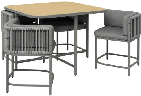 Outsunny 4 Seater Rattan Cube Garden Furniture Set Cushions, Grey | Square Garden Dining Set, Stone Composite Board Top Table, Wicker Outdoor Table and Chairs