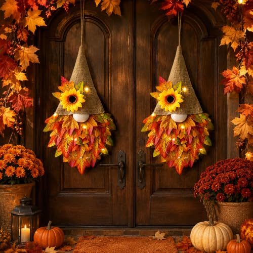 2 PCS Autumn Wreaths for Front Door with LED Light, Maple Fall Gnome Decor