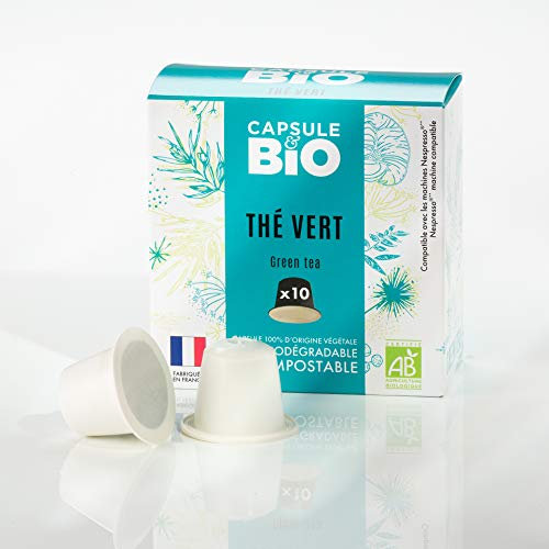 CAPSUL&BIO Thé vert bio Nature et Thé Vert de Chine - Compatible avec les machines à Capsules Nespresso - 10 Capsules Biodégradables, 100% Végétales - Rapide et Sain - Fabriqué en France