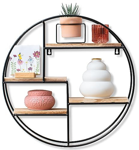 Gadgy Round Wall Shelf with 4 Wooden Shelves and Metal Frame, Industrial Style Floating Circle Shelf for Living Room, Bedroom or Office - 42 x 10 cm