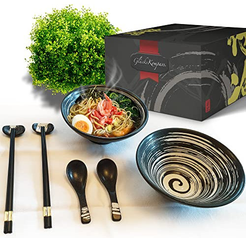 GlücksKompass Japanese Ramen Bowl Set (microwavable) Made of Ceramic (8 pcs) with Chopsticks, Ceramic Spoons, Large 8 inches Diameter, 32 oz (1 Quart) | Pho Bowls Noodle Soup Bowl Asian Rice Bowl