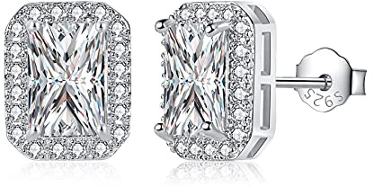 CERSLIMO Silver Stud Earrings for Women Girls, Round Faux Diamond Halo Earrings | Rectangle Cubic Zirconia Stud Earrings - Dainty Bridal Earrings Jewelry for Brides Bridesmaids Wedding