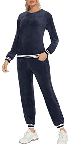 Enjoyoself dam Nicki hemmadräkt sammetslen mjuk 2 delar velour fritidsoverall med paljetter manschetter rund hals långärmad tröja + resår byxor med ficka, A-marinblå, XXL