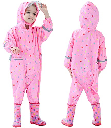 Fewlby Tuta Impermeabile Bambini, Tuta Pioggia Bambina Antipioggia con Cappuccio Poncho Impermeabile Ragazze Ragazzi Giacche da Pioggia con Cappello Trasparente per 2-5 Anni