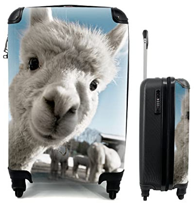 MuchoWow© Koffer Handgepäck Trolley Rollkoffer Kleine Reisekoffer mit 4 Rollen - Alpaka - Weiß - Tier - Cabin Size < 55x40x23 & 55x40x20 cm - Fotokoffer - Kabinenkoffer - Boardgepäck
