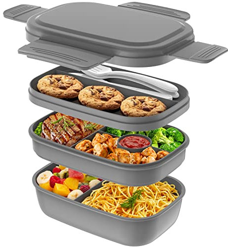 HOMETALL Bento Box - Lonchera para adultos, 3 recipientes apilables para adultos y niños, diseño minimalista moderno con juego de utensilios, lonchera a prueba de fugas para cenar, trabajo, picnic
