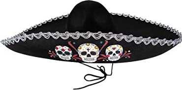 Funidelia | Chapeau mariachi pour homme Tête de mort mexicaine, Horreur - Accesoires pour Adultes, accessoire pour déguisement - Noir