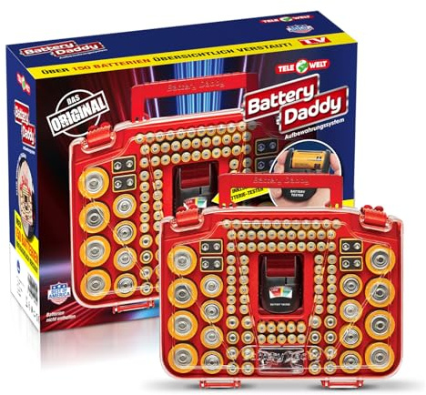 TELE WELT Battery Daddy Box [Inkluderar testare] – den perfekta förvaringen för upp till 180 batterier, genomskinlig