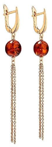 Lange Ohrringe Bernstein Kugel in Rose Gold vergoldetem Sterling Silber 925, Farbe - Cognac, Hängeohrringe Silber 925 Bernstein, Designers Jewellry 2023 Kollektion