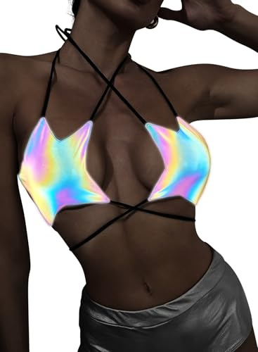 Rave Star Top Für Damen - Festival Outfit Sexy Spaghettiträger Rücken Verkreuzt Sport Bh Taillenketten Nightclub Body Chain Frauen Weste Verschiedene Tragemethoden Crop Tops(Holographic,XS,1078r)