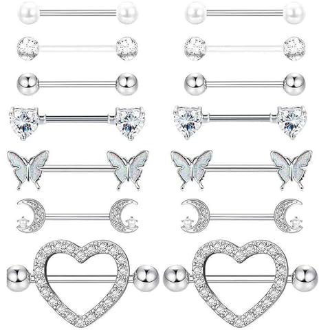 JENCVNL 7 Paar 14G Nippelpiercing für Damen 316L Edelstahl Brustwarzenpiercing Schmetterling Herz Mond Nippel Piercing Zungenpiercing Barbell Piercing Körperschmuck