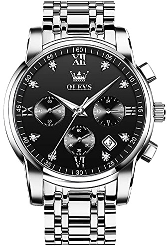OLEVS Hommes en Acier Inoxydable Chronographe Doré Argent Analogique Quartz Grand Cadran Diamant Montre De Luxe éTanche Date Cadran NuméRique Romain