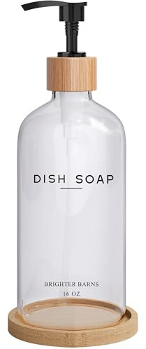 Clear Glass Dish Soap Dispenser by Brighter Barns - Kitchen Sink Set With Bamboo Tray - Modern Decor and Accessories, Minimalist Neutral Home (Clear)
