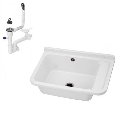 Ausgussbecken Waschbecken Spülbecken Waschtrog draußen Garten Garage Keller Spülbecken Waschküche Werkstatt Großes Becken (Weiß)