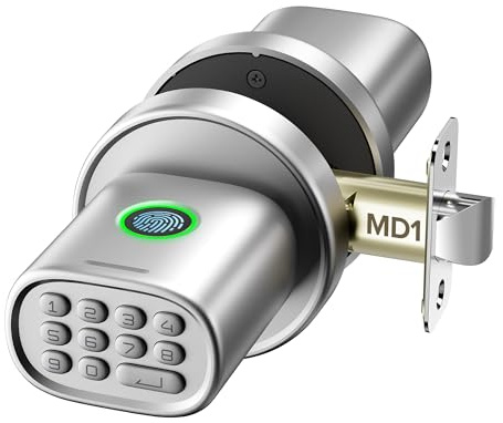 ThorBolt Keyless Entry Door Lock, Fingerprint Door Lock with Keypad Biometric Door Knob, Auto-Lock for Interior Doors Thickness up to 2-1/4, Bedroom, Home Office, Garage, 4xAA Alkaline, MD1 Silver