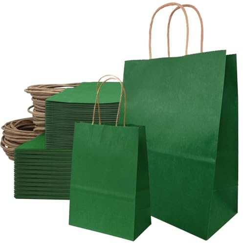 50 pack Gröna Papperspåsar med Handtag – Robusta Kraftpapperspåsar i 2 Storlekar, Idealiska som Presentpåsar & för Butik, 21 x 8 x 15 cm, 21 x 11 x 27 cm