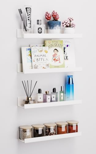 Viymgit 4 Pack White Adhesive Shelves, 15x4 No Drill Acrylic Wall Shelves | Dual-Mount (Adhesive or Screws) Waterproof Storage Bathroom Shelf Organizer for Kitchen, Living Room, Bedroom