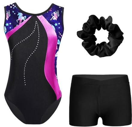 Miutii Turnanzug Mädchen Glitzer Gymnastikanzug mit Shorts Haarband Ärmellos Ballettanzug Turnen Leotard Gymnastikbody Wettbewerb Tanzkostüm Dunkel Rosa&Schwarz 146-152