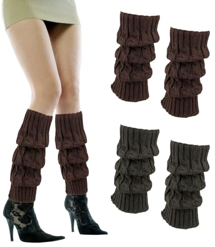 Deepton Leg Warmers, 2 Pairs Knitted Leg Warmers Ladies, Warm Long Knee Boots Ankle Warmers for Winter Autumn Women and Girls Dance Yoga Skating Accessories (Brown/Dark Gray)