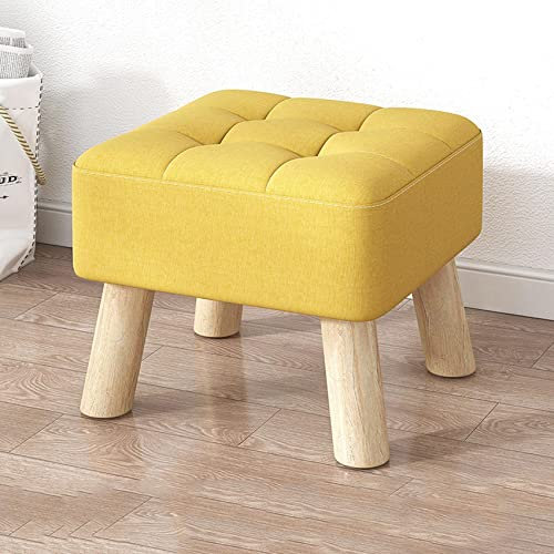Leinen-Fußhocker, Ottomane mit Holzbeinen, für Wohnzimmer und Schlafzimmer, Gelb, 30 x 30 x 26 cm