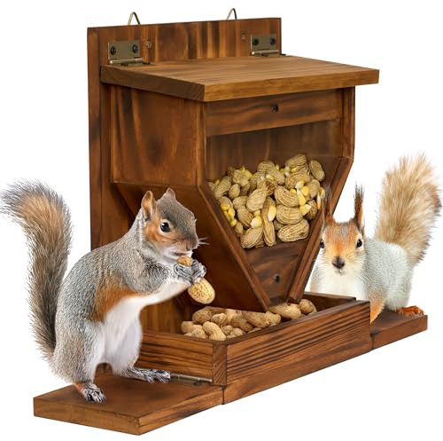 MIXUMON Wood Squirrel Feeder, Funnel Squirrel Feeders for Outside Winter, Wooden Chipmunk Feeder for Corn, Peanuts, Durable Box Easy to Fill with Removable Top Panel