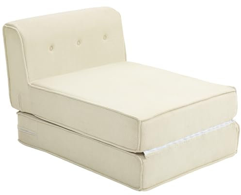 HOMCOM Bodensofa 2-in-1 Klappbar Schlafsofa mit Kordoptik, Gepolstert Sofabett bis 240 kg belastbar für Wohnzimmer, Schlafzimmer, Cremeweiß