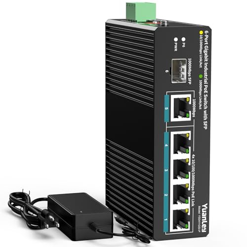 YuanLey Industriell omkopplare med 6 portar PoE Gigabit, 1 1 000 Mbps Uplink, 1 SFP-port, ohanterad Din-Rail PoE-omkopplare med 66,25 W strömadapter, stöder IEEE802.3af/at, VLAN & Loop