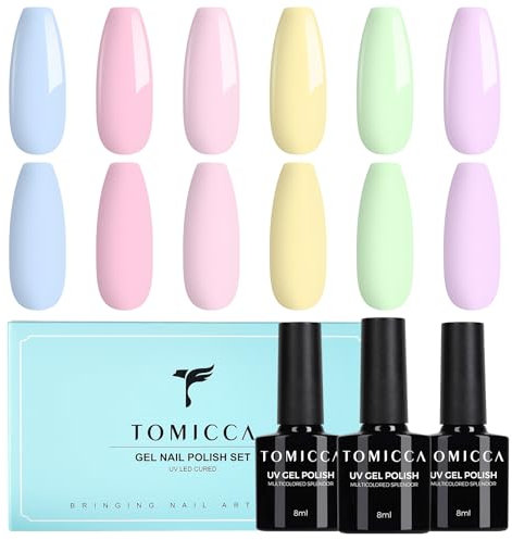 TOMICCA - Set di 6 smalti UV in colori pastello Macaron, rosa, blu, giallo, lilla, verde, smalto in gel da polimerizzare in lampada UV/LED, per uso professionale e fai da te, 8 ml