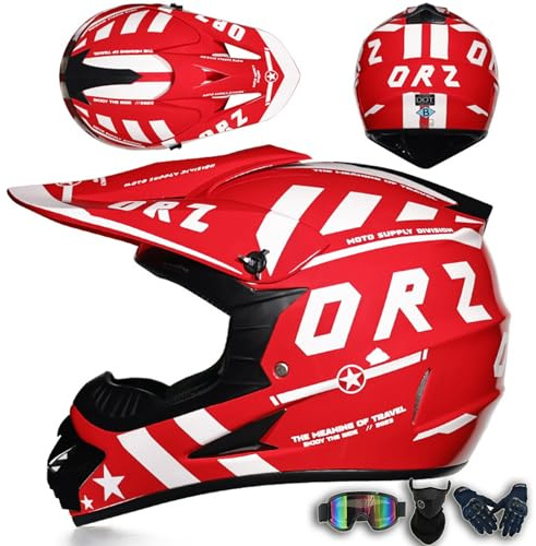 ARMAAN Casco Integral para Motocross para niños y Adultos, Cascos de Motocicleta MTB para Motocross, Cascos para Exteriores, Cuatro Ruedas, Motocicleta Todoterreno, Casco de protección,Red-M(56~57cm)