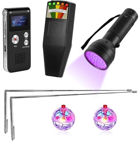 7-in-1 Ghost Hunting Equipment Kit for Paranormal Enthusiasts,Includes EMF Meter,EVP,Dowsing Rods,UV Light & Cat Balls-Novelty Set for Entertainment Use