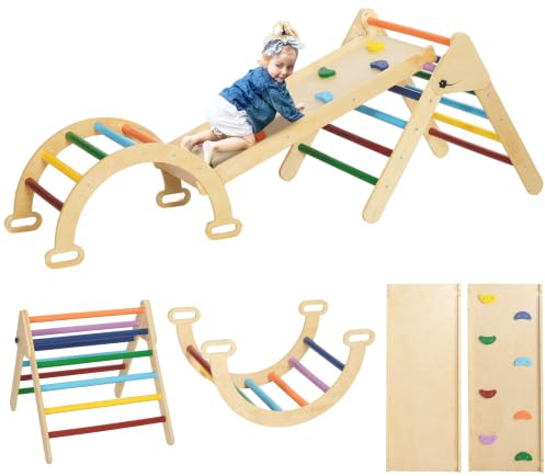 AIYAPLAY 5-in-1 Montessori Klettergerüst Rutsche 1,5-4 Jahre Mehrfarbig | Indoor Holz Kletterdreieck, mit Kletterbogen, Indoor Spielplatz für Kleinkinder und Kinder