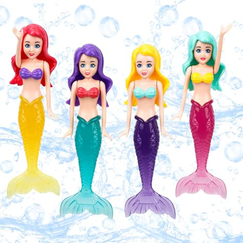 Tinoaly 4 STK Meerjungfrauen Wasserspielzeug, Meerjungfrauen Poolspielzeug aus Kunststoff im Dunkeln Leuchtend Bunte Badepuppen für Badewanne Schwimmbecken